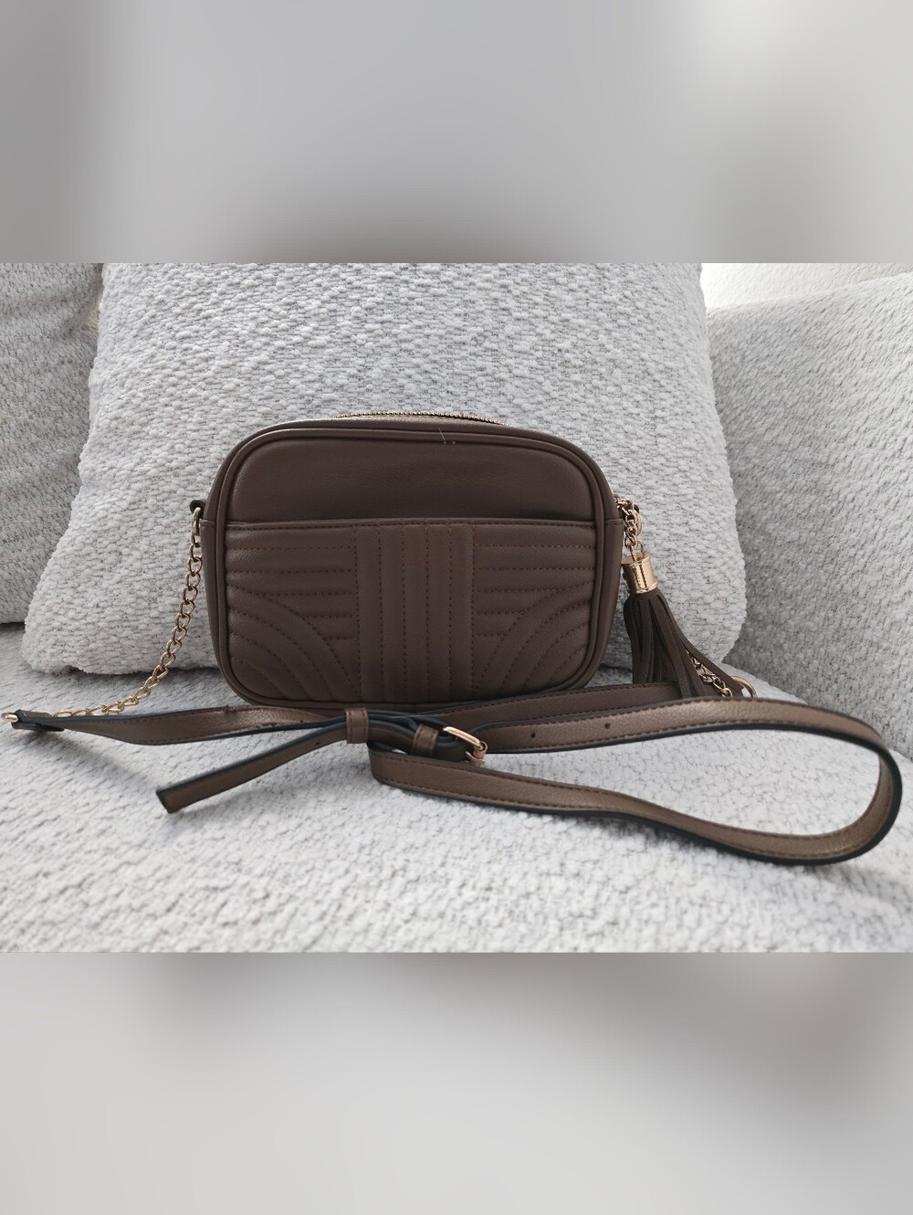 Brown Quilted Crossbody Bag with Tassel